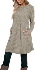 Poetsky Women Long Sleeve Tunic Tops to Wear with Leggings Side Buttons Long Shirts Rib Sweater Dress with Pockets S-3XL