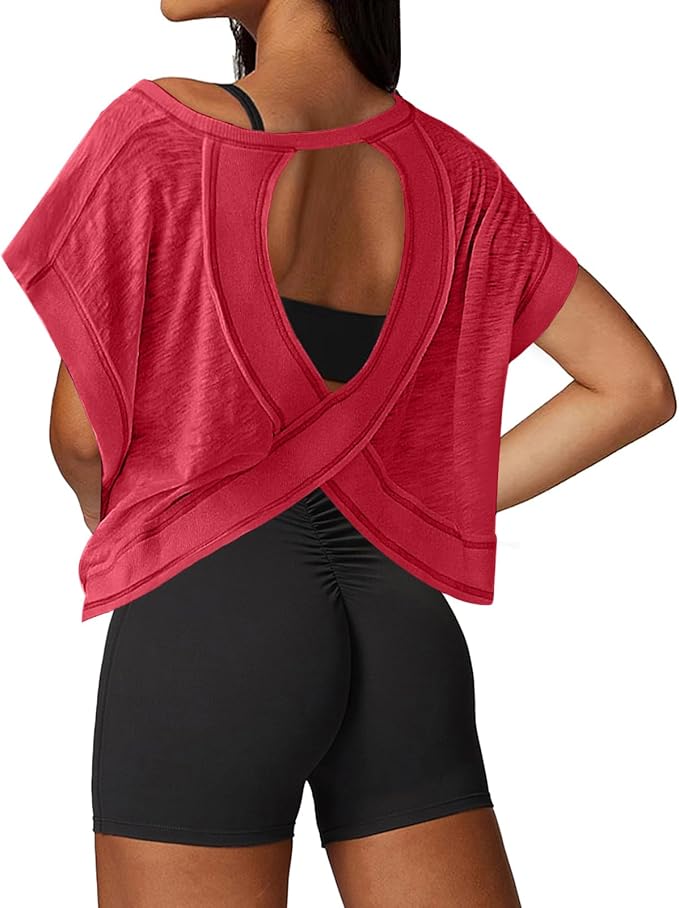 UNIANKIYA Open Back Workout Tops for Women Loose Fit Athletic Crop Tee Short Sleeve Gym Running Yoga Shirt
