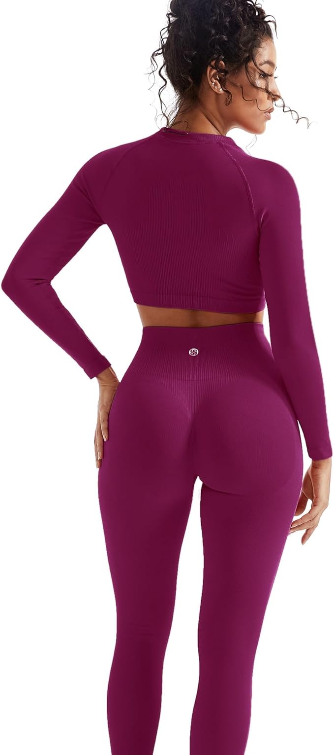 SUUKSESS Women 2 Piece Workout Sets Hidden Scrunch Hip Lifting Seamless Leggings Long Sleeve Yoga Crop Tops
