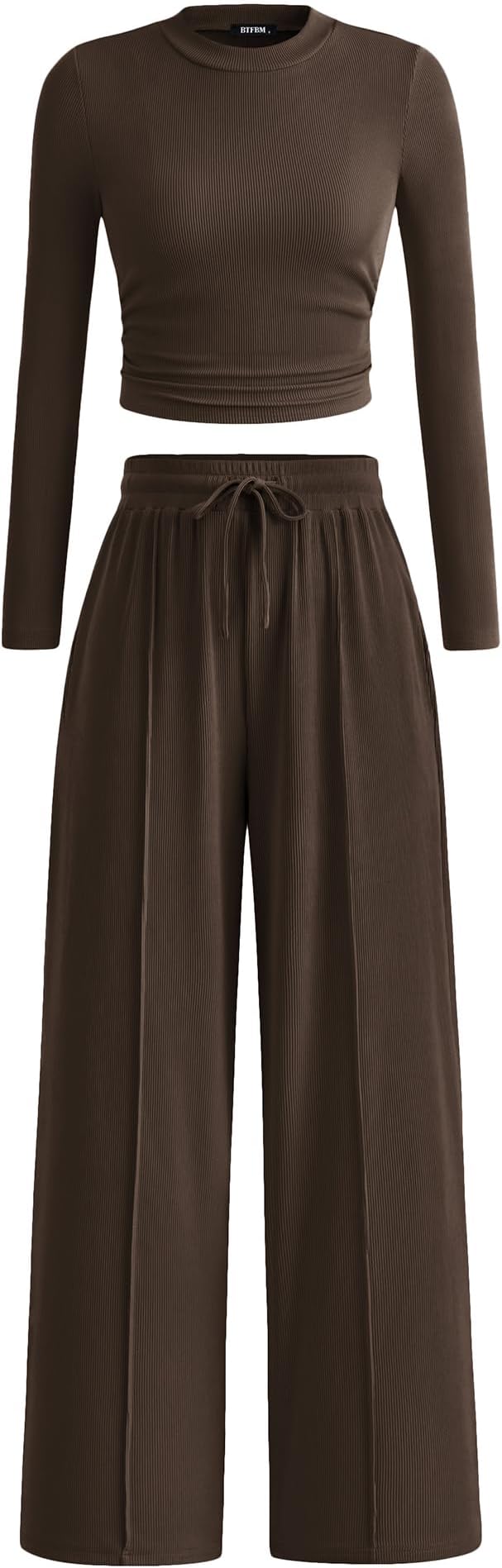 BTFBM Casual 2 Piece Sets For Women Fall Outfits 2026 Ribbed Spring Long Sleeve Crop Top Wide Leg Pants Matching Lounge Set