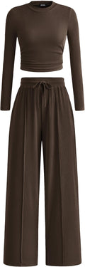 BTFBM Casual 2 Piece Sets For Women Fall Outfits 2026 Ribbed Spring Long Sleeve Crop Top Wide Leg Pants Matching Lounge Set