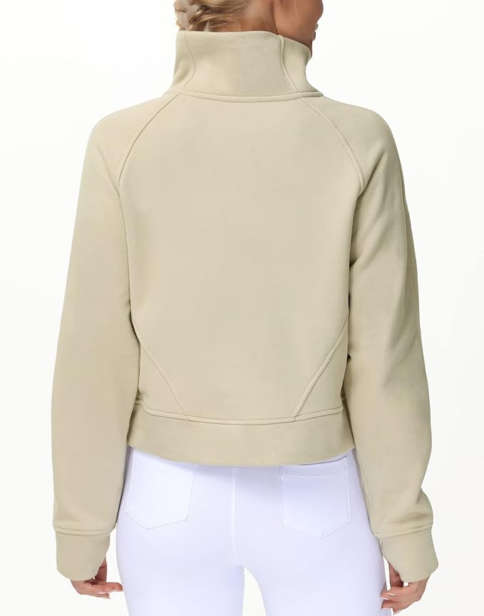 THE GYM PEOPLE Womens' Half Zip Pullover Fleece Stand Collar Crop Sweatshirt with Pockets Thumb Hole