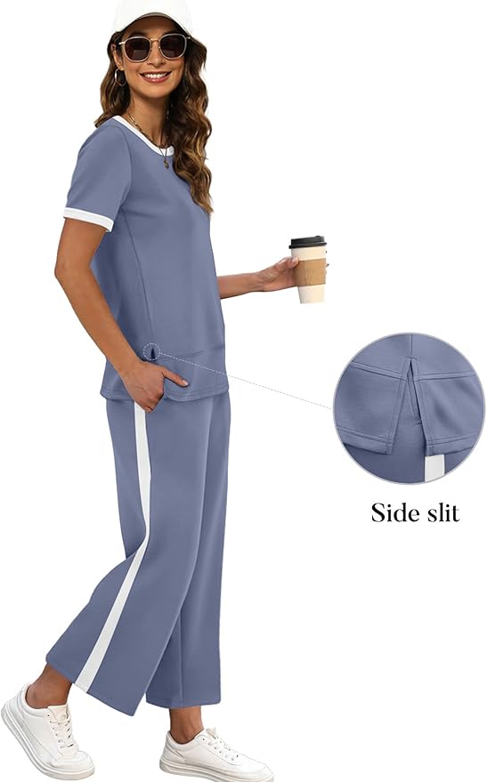 XIEERDUO Women's Side Slit Lounge Sets 2026 Fashion 2 Piece Travel Outfits Cozy Loungewear Wide Leg Tracksuits S-3XL