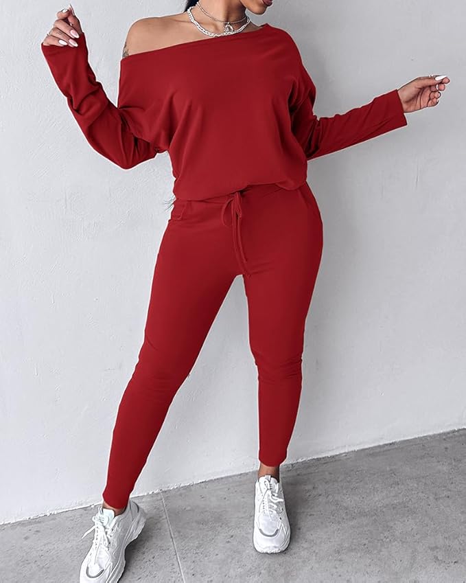 CHICME Women Tracksuit Fall 2 piece Outfits Off The Shoulder Long Sleeve Tops and Pants Set Travel Outfits
