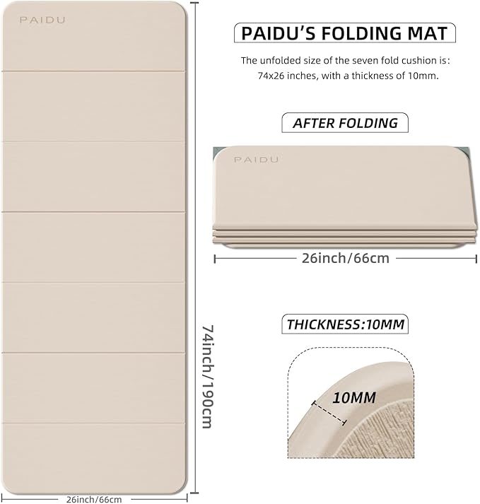 PAIDU Foldable Fitness Yoga Mat | 2/5" (10MM) Extra Thick | SGS Certified Non-Slip TPE | 75x26" Extra Long-Wide | Portable & Easy Store | for Yoga, Pilates, Home Gym & Full-Body Workouts