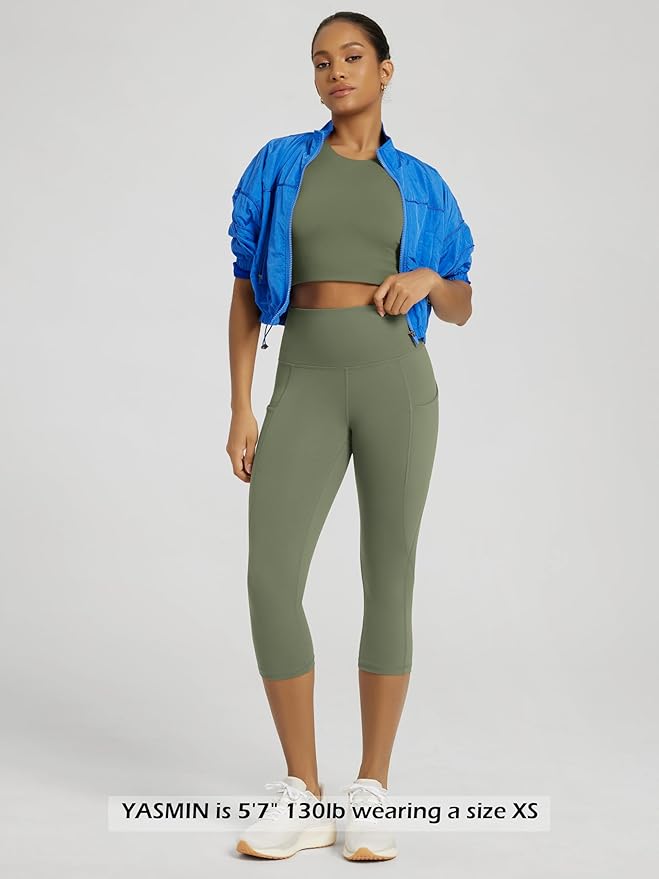ODODOS Women's High Waisted Yoga Capris with Pockets, Tummy Control Non See Through Workout Athletic Running Capri Leggings