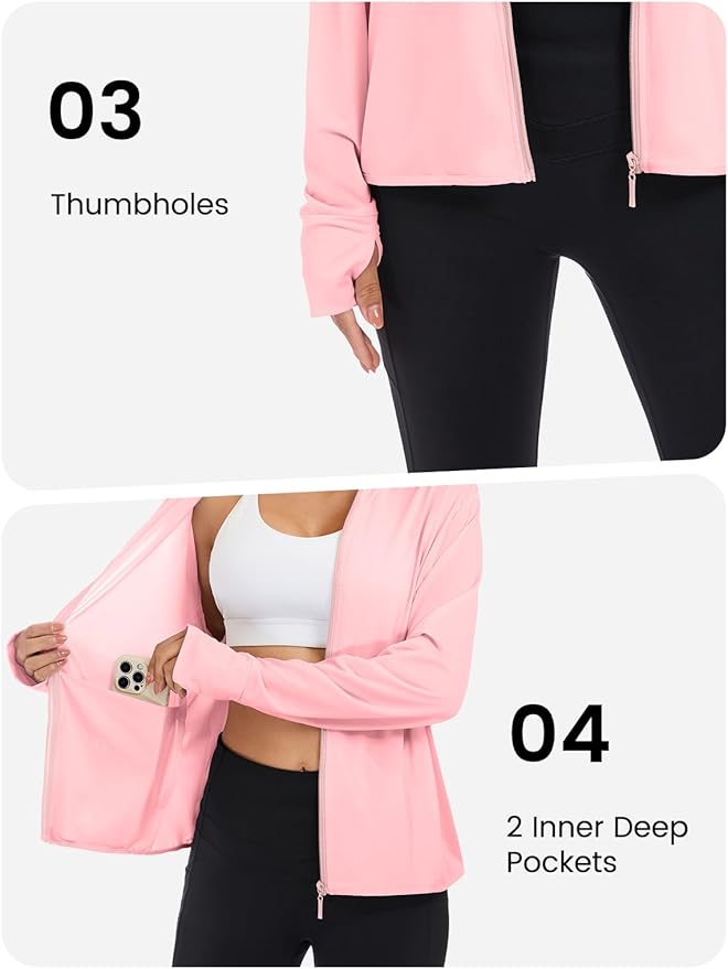 VUTRU Women UPF 50+ Sun Protection Jacket Hoodie Lightweight Full Zip Pockets Running Shirts Long Sleeve for Hiking Outdoor