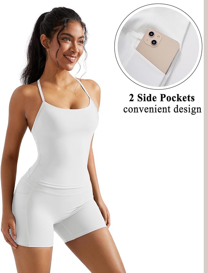 OMKAGI 2 Piece Workout Sets for Women Padded Sports Bra Tank Booty Gym Shorts with Pockets