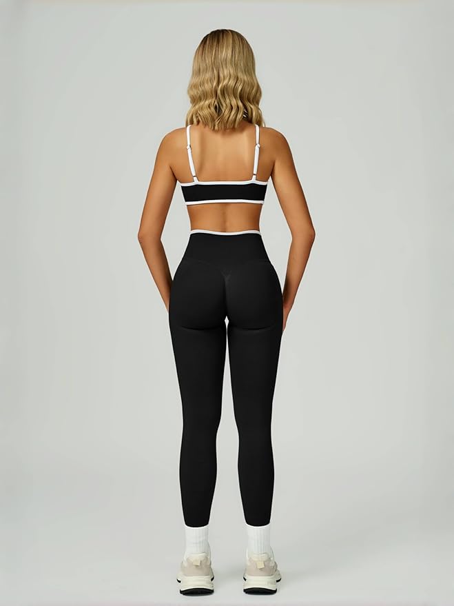 ABOCIW Womens 2 Piece Workout Sets Seamless Color Block Sports Bra Scrunch Butt Lifting High Waist Leggings Gym Set