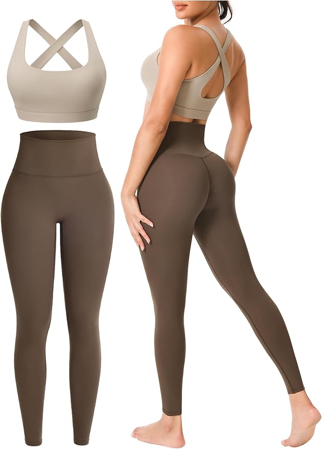 Workout Sets for Women 2 Piece Seamless High-Waisted Leggings & Cross Back Padded Sports Bra for Yoga Pilates