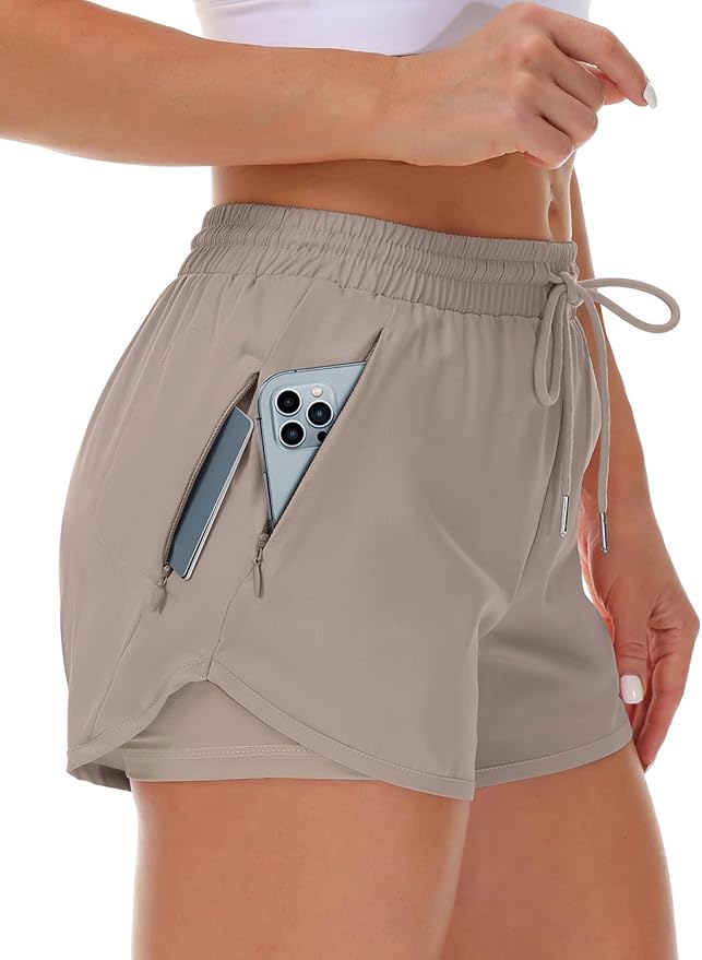 Mancreda Women's Running Shorts with Liner 3 Zipper Pockets Elastic Workout Athletic Gym Yoga Shorts