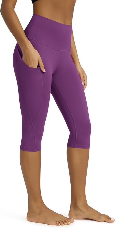 ODODOS Women's High Waisted Yoga Capris with Pockets, Tummy Control Non See Through Workout Athletic Running Capri Leggings