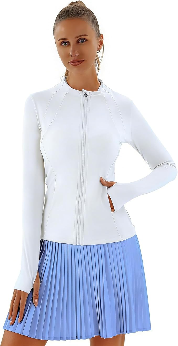 Women Jacket Full Zip UP Workout Athletic Cropped Jacket wIth Thumb Holes Running Yoga Sportswear