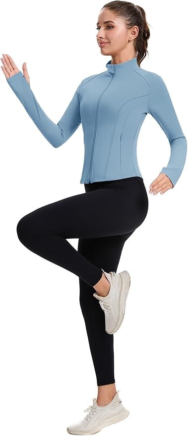 ZHENWEI Workout Jackets for Women Full Zip Up Cropped Athletic Long Sleeve Lightweight Slim Fit Running Tops with Pockets