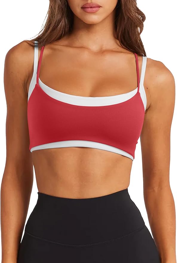 LASLULU Womens Double Layered Sports Bra Adjustable Spaghetti Straps Sexy Scoop Neck Wireless Padded Workout Yoga Crop Tops