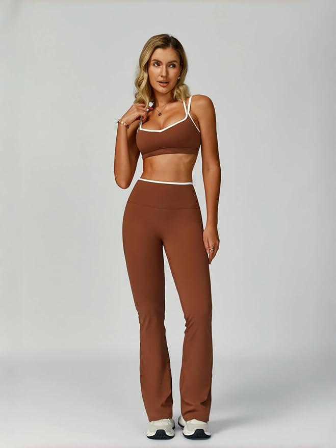 ABOCIW Workout Sets for Women 2 Piece Color Block Strappy Sports Bra High Waist Flare Leggings Gym Yoga Pilates Outfits