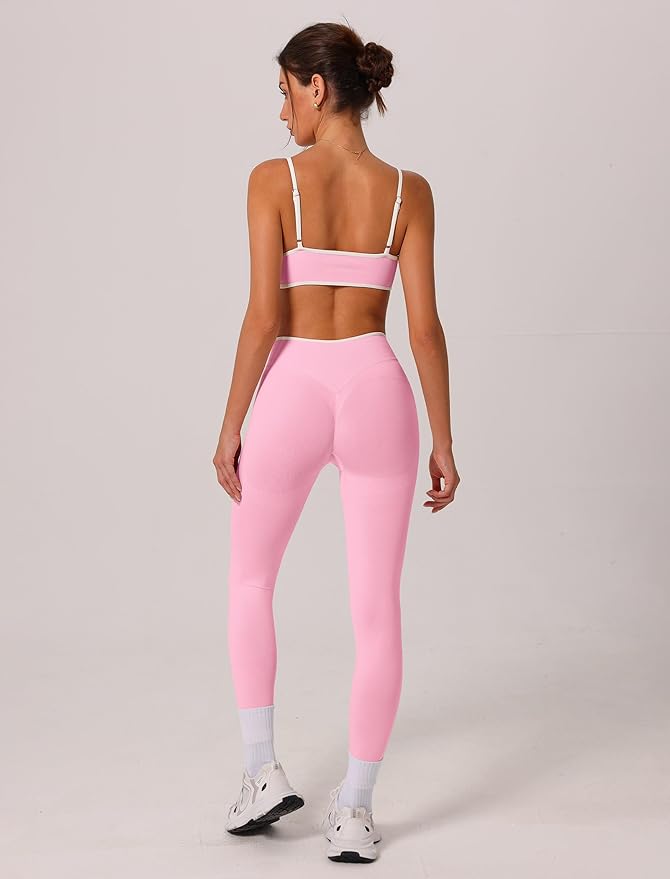 ABOCIW Womens 2 Piece Workout Sets Seamless Color Block Sports Bra Scrunch Butt Lifting High Waist Leggings Gym Set