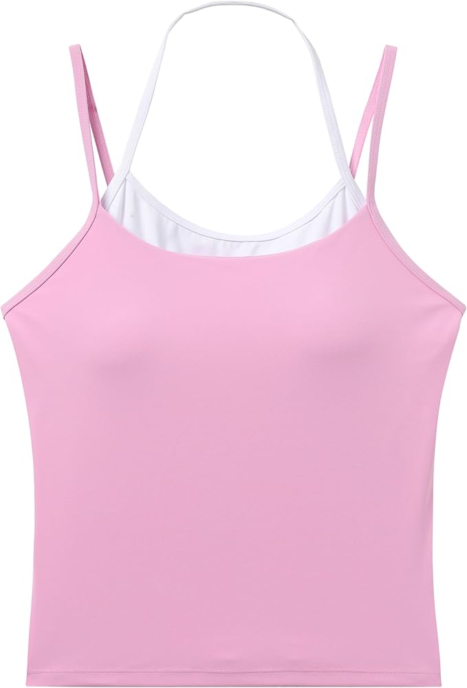 OMKAGI Halter Workout Tank Tops for Women Built in Bra Cute Layer Longline Sports Bras