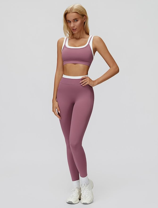 ABOCIW Two Piece Workout Sets for Women Layer Sports Bra Tummy Control High Wait Leggings Gym Yoga Outfits