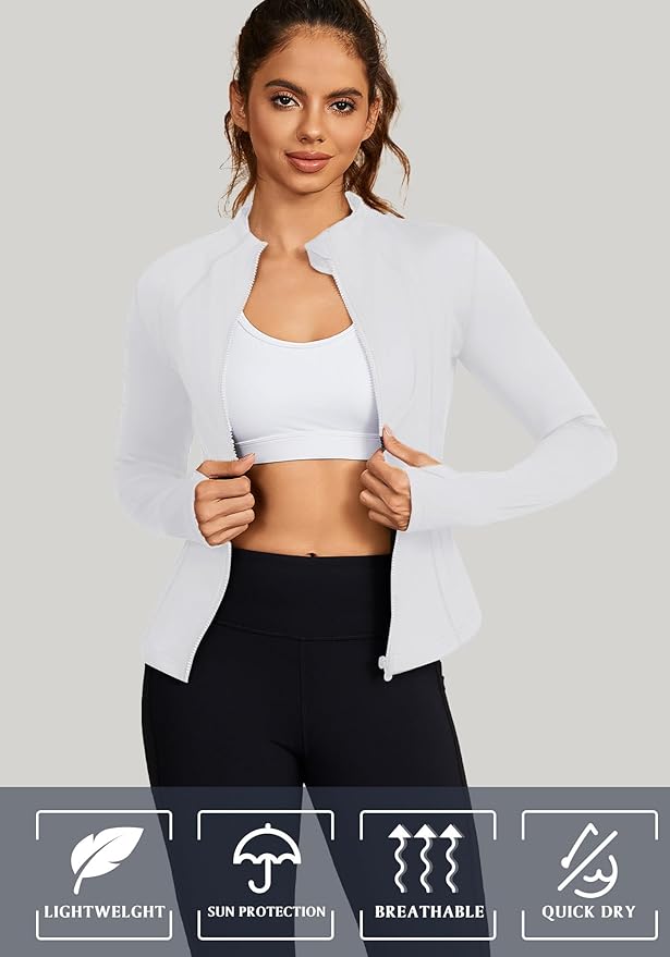 Bosmeer Workout Jackets for Women Lightweight Zip Up Slim Fit Yoga Sportwear Stretchy Crooped Running Jacket with Thumb Holes