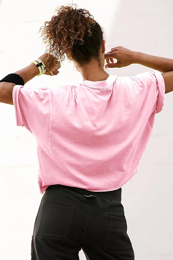 Women's Oversize Workout Crop Tops Casual Short Sleeve Drop Shoulder Boxy T-Shirts Roll Hem Basic Loose Yoga Running Tees