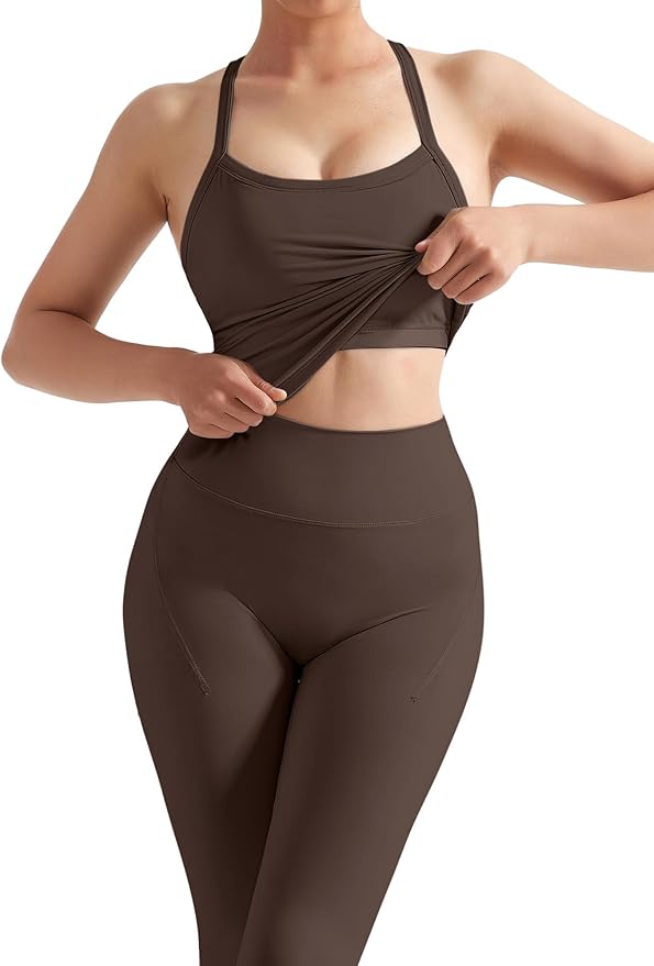 SUUKSESS Women 2 Piece Workout Sets Compression Tummy Control Leggings with Pockets Halter Built in Bra Tank Tops