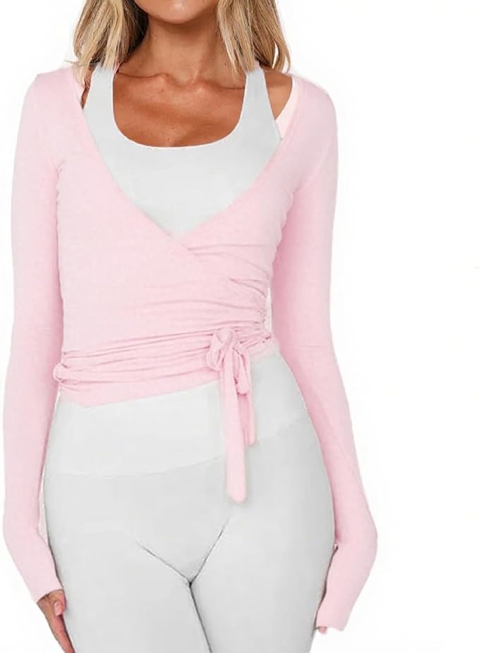 Women Ballet Wrap Top Long Sleeve Self Tie Dance Shirt Pilates Yoga Tops Y2k Workout Active Blouses