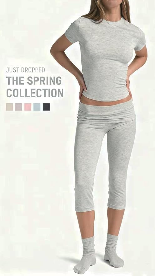 YETOWA Womens 2 Piece Workout Sets High Waisted Tummy Control Crop Top Capri Leggings Stretchy Soft Activewear