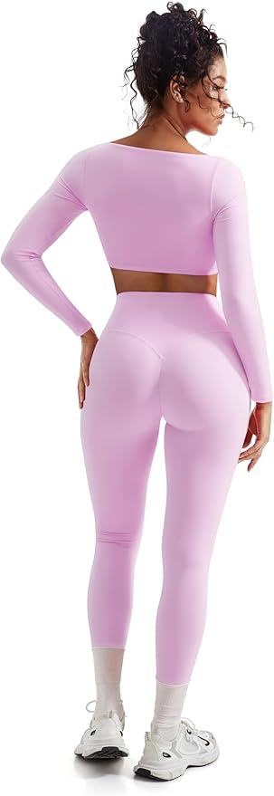 SUUKSESS Women 2 Piece Workout Sets Compression Tummy Control Leggings with Pockets Long Sleeve Square Neck Padded Crop Tops