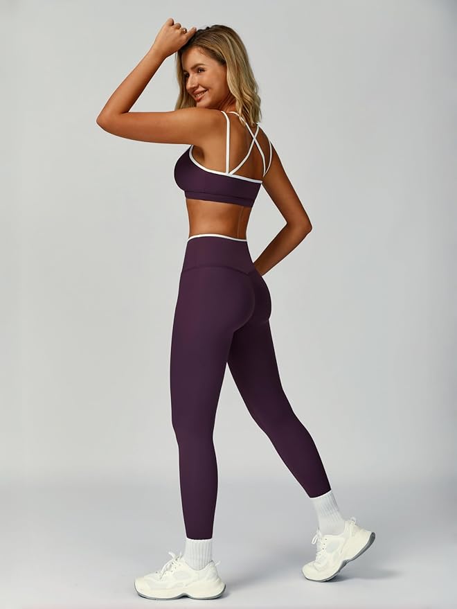 ABOCIW Two Piece Workout Sets for Women Color Block Strappy Sports Bra High Waist Leggings Yoga Pilates Outfits