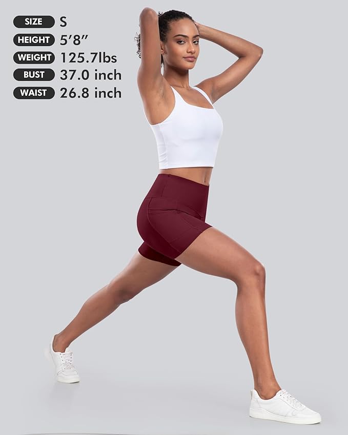 CHRLEISURE Womens Biker Yoga Shorts with Pocket, High Waisted Tummy Control 5 Inch Workout Spandex Athletic Gym Shorts