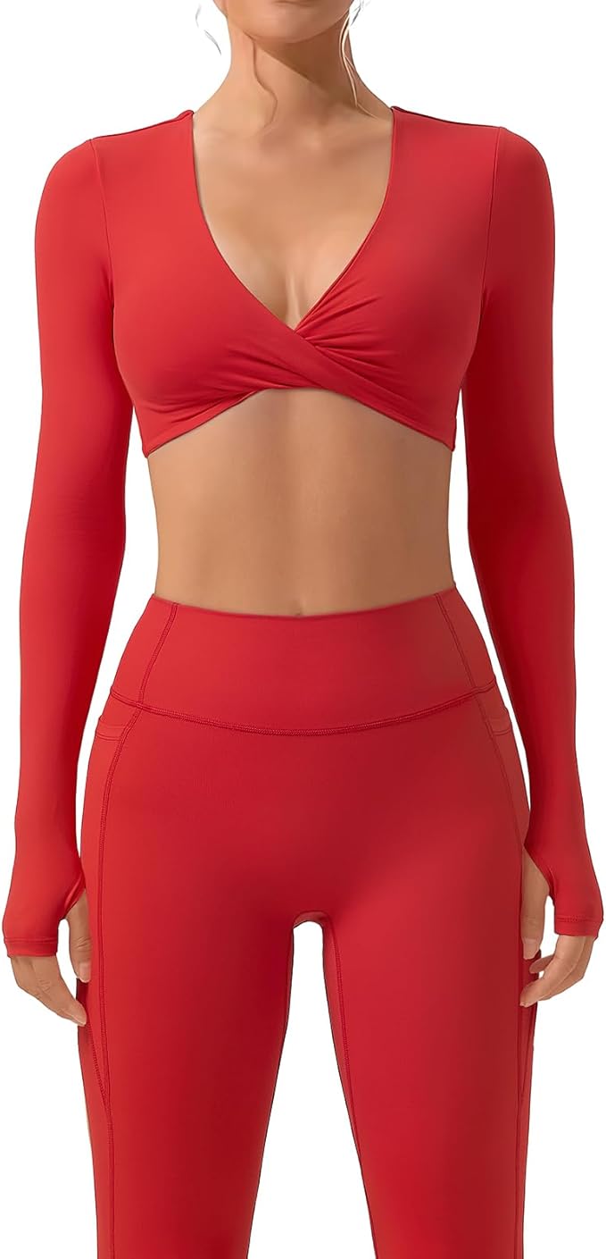 SUUKSESS Women 2 Piece Workout Sets Long Sleeve Twist Deep V Crop Padded Tops Yoga Leggings with Side Pockets