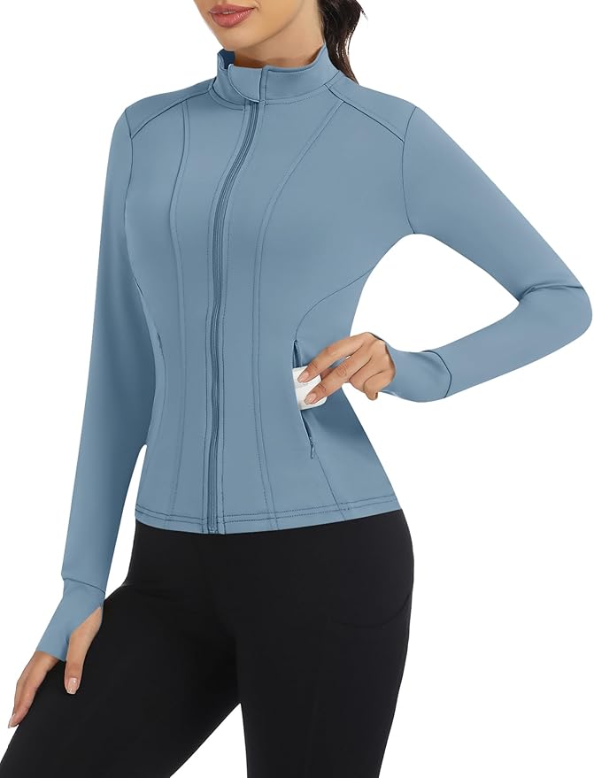 Loovoo Women's Workout Jacket Lightweight Zip Up Athletic Jackets Cropped Slim Fit Running Yoga Tops with Pockets