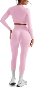 SUUKSESS Women 2 Piece Workout Sets Hidden Scrunch Hip Lifting Seamless Leggings Long Sleeve Yoga Crop Tops