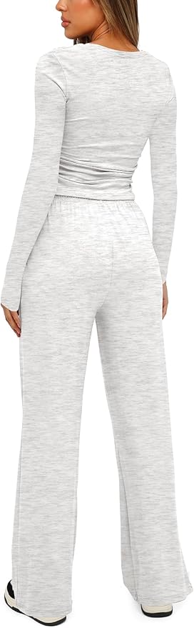 Darong Women's 2 Piece Outfits Lounge Sets 2026 Long Sleeve Tops Wide Leg Pants Casual Matching Set