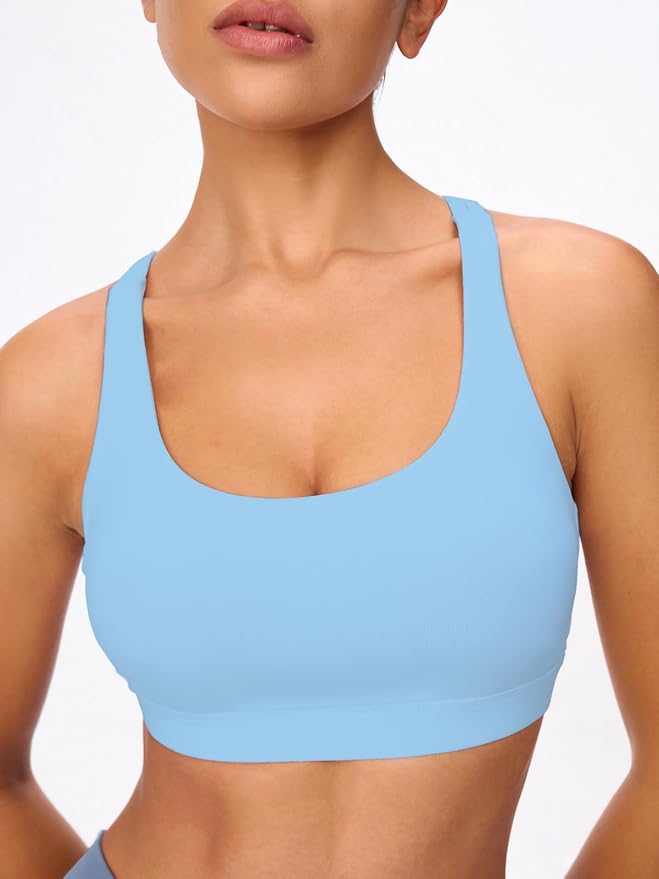 Women's Strappy Sports Bras Light Compression Crop Criss Cross Back Padded Workout Yoga Bra Supportive U Neckline