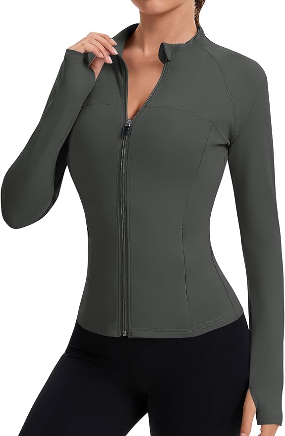 Rapbin Women's Full Zip Workout jackets Runing Slim Fit Athletic Tops With Thumb Holes