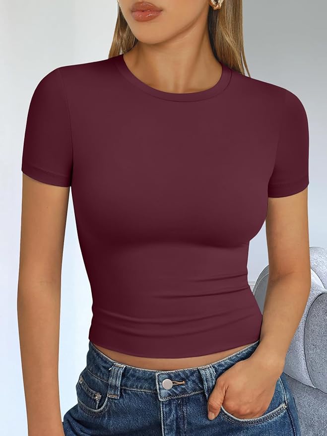 Trendy Queen Womens Short Sleeve T Shirts - Buttery Soft Summer Crop Tops Slim Fit Y2k Basic Tees for Workout