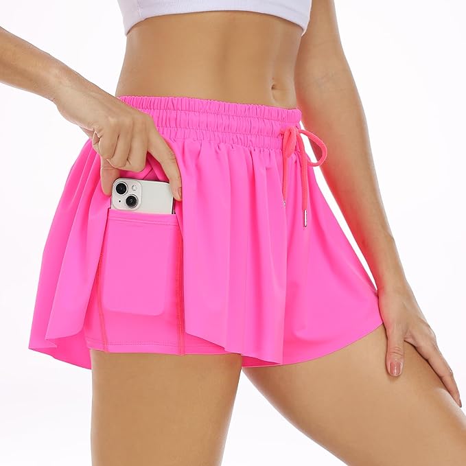 Wsirmet Flowy Shorts for Women Butterfly Shorts 2 in 1 Athletic Workout Gym Biker Running Shorts with Pockets