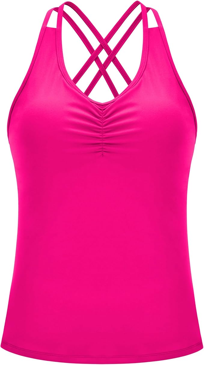 RUNNING GIRL Yoga Tank Tops for Women Built in Shelf Bra B/C Cups Strappy Back Activewear Workout Compression Tops