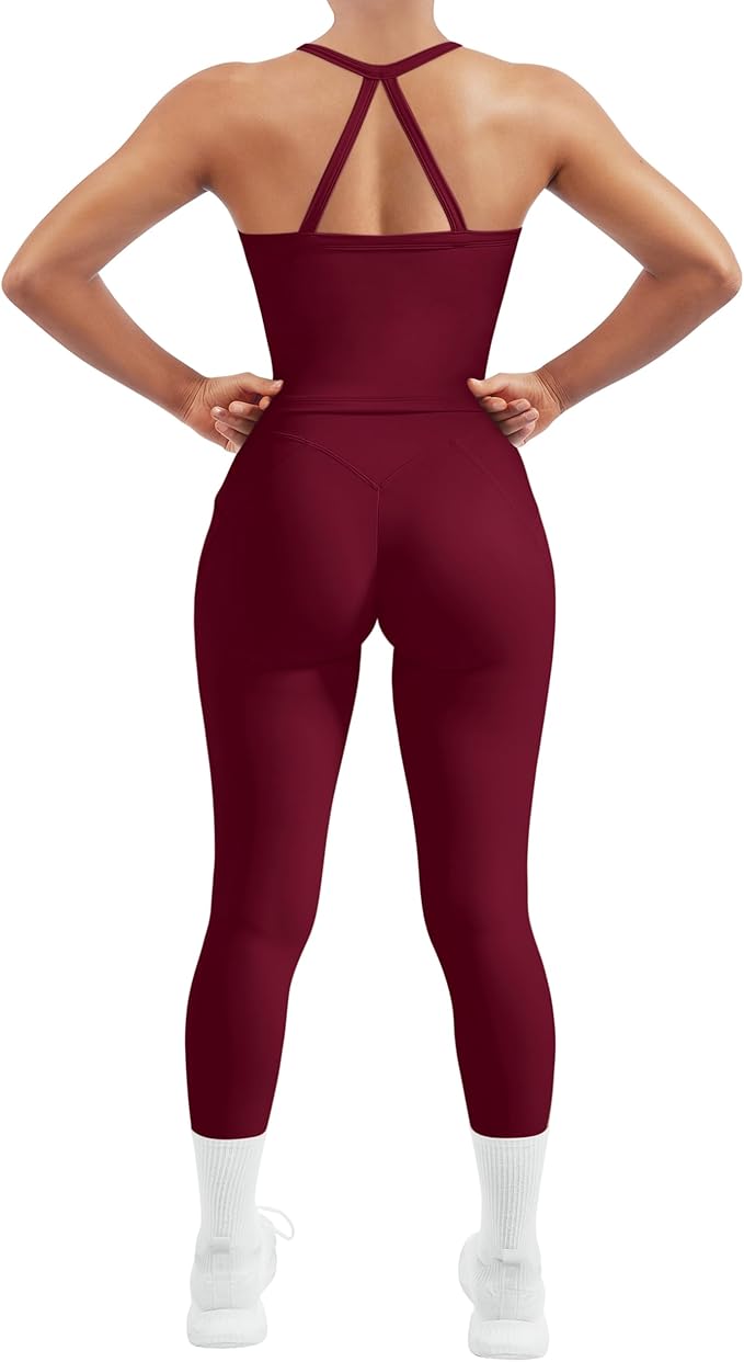 SUUKSESS Women 2 Piece Workout Sets Compression Tummy Control Leggings with Pockets Halter Built in Bra Tank Tops