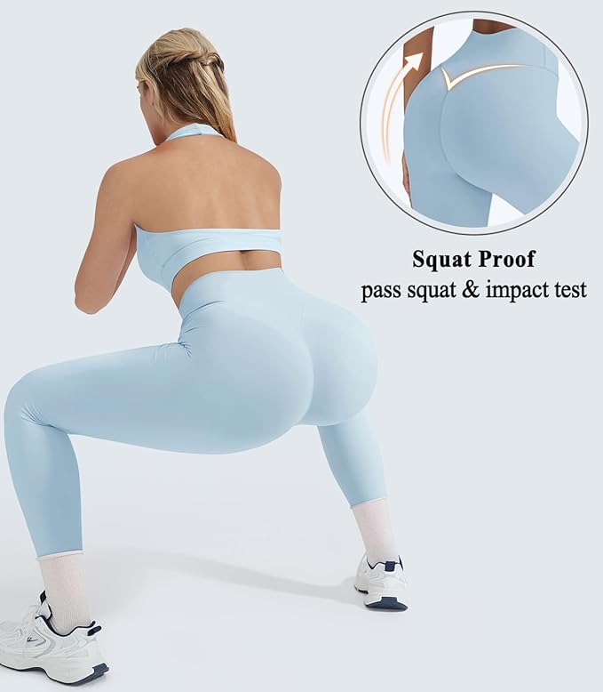 OMKAGI 2 Piece Workout Sets for Women Halter Sports Bras Gym Sets Booty Leggings Outfits