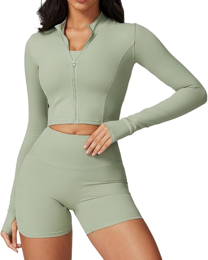 Yknktstc Womens Full Zip Athletic Jacket with Thumbhole Long Sleeve Crop Top Running Workout Yoga Sportswear Shirt