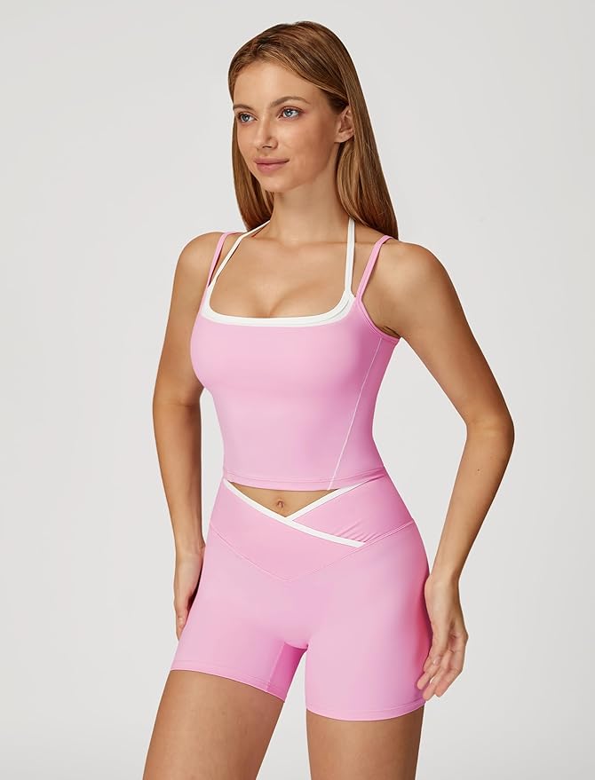 ABOCIW Workout Sets for Women 2 Piece Color Block Layered Cropped Tank Top Crossover High Waist Biker Shorts Gym Sets