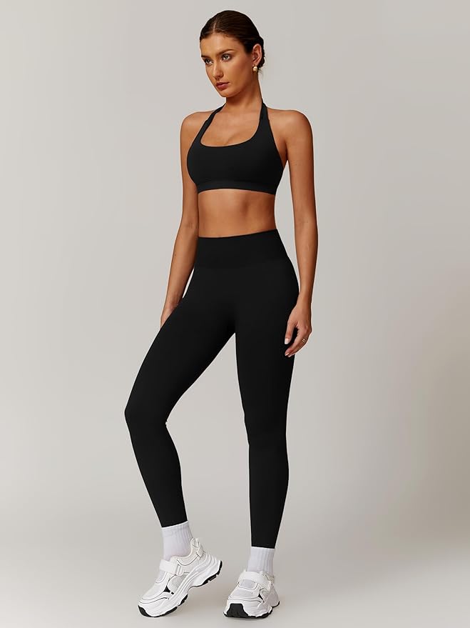 ABOCIW Workout Sets for Women Seamless Scunch Butt Lifting Impact Leggings Halter Sports Bra 2 Piece Gym Outfits