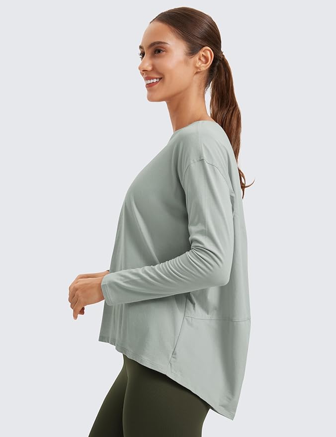 CRZ YOGA Pima Cotton Boat Neck Long Sleeve Shirts for Women - Workout Athletic Yoga Casual Tops Loose Fit Fall T-Shirts