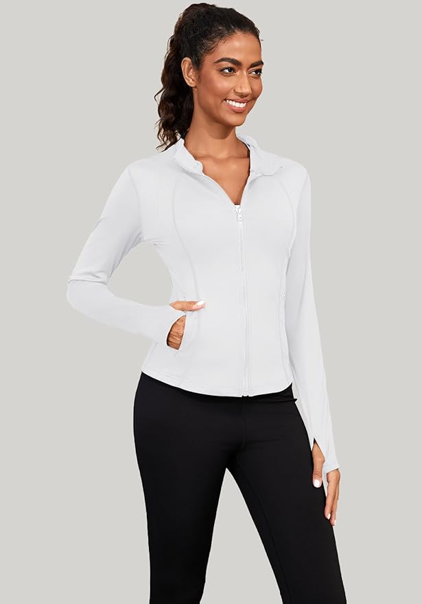 Bosmeer Workout Jackets for Women Lightweight Zip Up Slim Fit Yoga Sportwear Stretchy Crooped Running Jacket with Thumb Holes