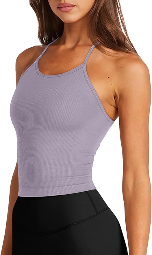 LASLULU Womens Sports Bra Seamless Long Crop Tank Racer Back Spaghetti Strap Workout Yoga Bra Padded Halter Neck Casual Tops