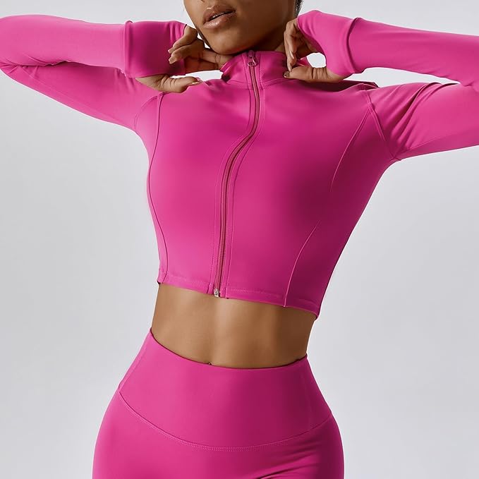 Yknktstc Womens Full Zip Athletic Jacket with Thumbhole Long Sleeve Crop Top Running Workout Yoga Sportswear Shirt