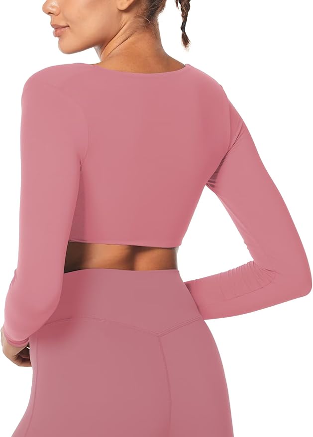 Sunzel Long Sleeve Workout Tops for Women Buttery Soft Deep V Twist Cropped Tops with Compression for Yoga Pilates Gym Outfit